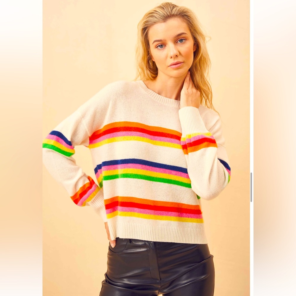 Brodie Cashmere rainbow stripe cashmere sweater size M organic white nwt